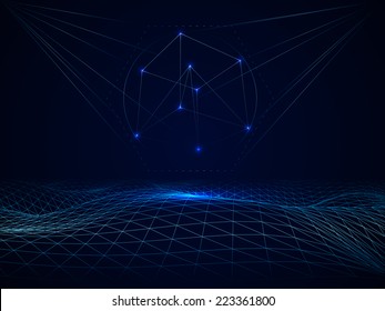 Abstract Vector Cyberspace Polygonal Grid Waves With 3d Cube