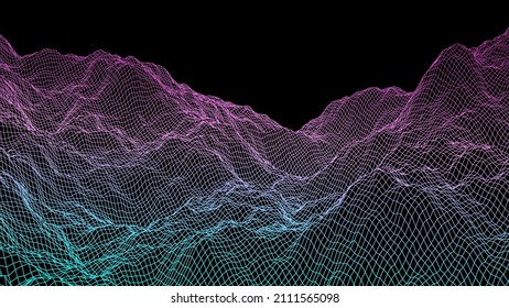 Abstraktes Vektorgelände im Cyberspace. Berglandschaft Mesh Illustration. 3D-Technologie Wireframe, Vektorgrafik-Digitaldesign.