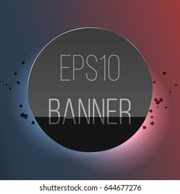 Abstract vector dark background with black shiny banner and asteroids behind. Vector Illustration