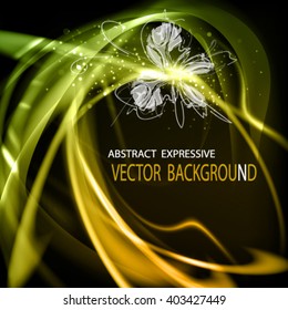 Abstract vector dark background with elegant butterfly. Stylish vector frame with glowing fibers