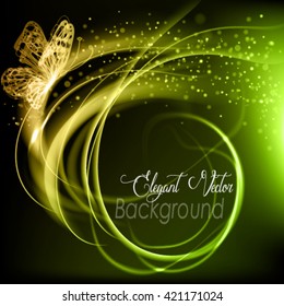 Abstract vector dark background with elegant gentile butterfly. Stylish vector frame with glowing fibers