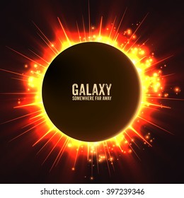 Abstract vector dark background with planet and eclipse of its star. Bright star red light shine from the edges of a planet. Sparkles of stars on the background. 