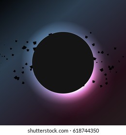 Abstract vector dark background with planet and asteroids behind. Sun eclipse. Vector Illustration