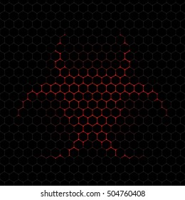 Abstract vector dark background with red biohazard symbol silhouette.