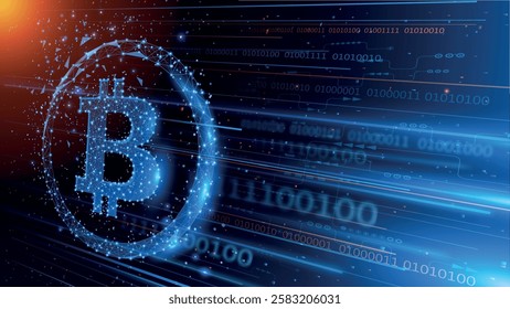 Abstract vector dark blue background in perspective. Bitcoin. Cryptocurrency mining and financial exchanges. Binary code. Bright image of bitcoin symbol in polygonal style. 
