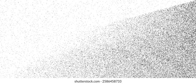 Abstract vector dark gray round ash particles on white background. Spray effect. Scatter exploding falling black drops. Hand made grunge texture