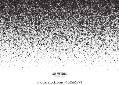 Abstract vector dark gray round ash particles on white background. Spray effect. Scatter falling black drops. Hand made grunge texture