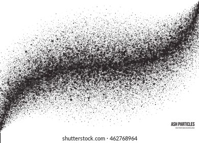 Abstract vector dark gray round ash particles on white background. Spray effect. Scatter exploding falling black drops. Hand made grunge texture