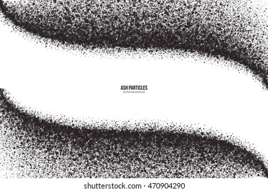 Abstract vector dark gray round ash particles on white background. Spray effect. Scatter exploding falling black drops. Hand made grunge texture