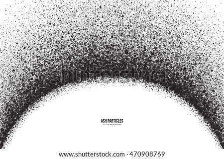 Abstract vector dark gray round ash particles on white background. Spray effect. Scatter exploding falling black drops. Hand made grunge texture