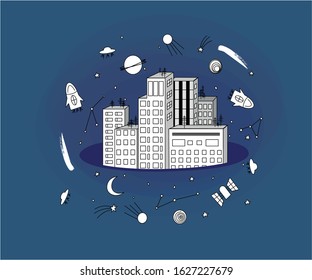 Abstract vector dark illustration of a big city that is drowning in the space among the planets , stars, commets, space ships and constellations of stars.