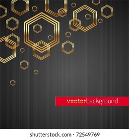 Abstract vector dark metal texture background with golden shiny & luxury hexagon shapes