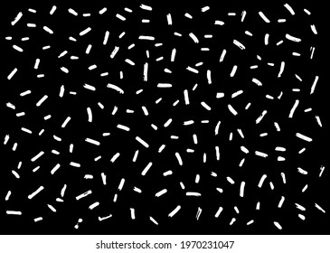 Abstract vector dash pattern, Memphis style background with small doses, retro black and white texture, hand-drawn. the white lines are short and of different sizes in different directions evenly dist