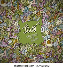 Abstract vector decorative doodles food background. Template frame design for card.