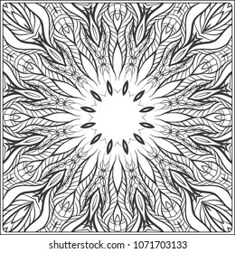 Abstract vector decorative ethnic black and white seamless pattern. Outline hand drawing. Good for coloring page for the adult coloring book. Stock vector illustration.