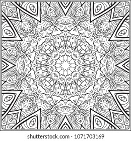 Abstract vector decorative ethnic black and white seamless pattern. Outline hand drawing. Good for coloring page for the adult coloring book. Stock vector illustration.
