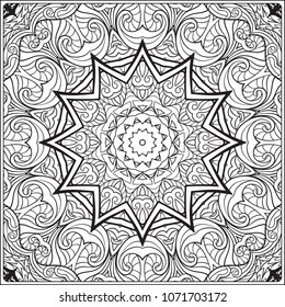 Abstract vector decorative ethnic black and white seamless pattern. Outline hand drawing. Good for coloring page for the adult coloring book. Stock vector illustration.