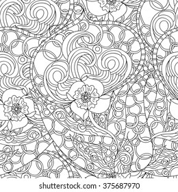 Abstract vector decorative ethnic flower black and white seamless pattern. Adult coloring book page