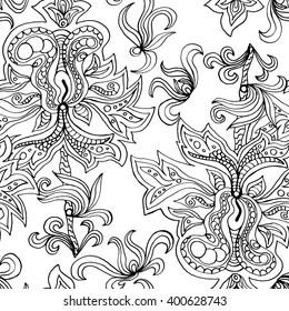 Abstract vector decorative ethnic flower black and white seamless pattern. Adult coloring book page. ink drawing illustration