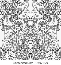 Abstract vector decorative ethnic flower black and white seamless pattern. Adult coloring book page