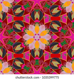Abstract vector decorative ethnic mandala sketchy seamless pattern. Red, yellow and magenta colors. Colored elements.