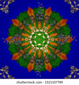 Abstract vector decorative ethnic mandala sketchy seamless pattern. Colored elements. Blue, orange and green colors.