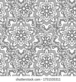 Resumen vectorial decorativo mandala étnica sin fisuras. Bordes negros sobre fondo blanco. Diseño para tarjetas, textiles, tela, diseño de moda, impresión, página de coloración meditativa.
