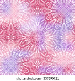 Abstract vector decorative ethnic mandala sketchy seamless pattern on colorful blurred background. Vector seamless ornamental lace pattern. Mandala pattern.