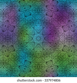 Abstract vector decorative ethnic mandala sketchy seamless pattern. Doodle waves seamless pattern. Vector seamless colorful blurred background