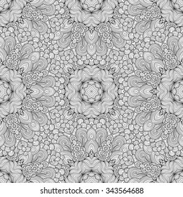 Abstract vector decorative ethnic mandala black and white seamless pattern.