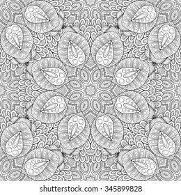 Abstract vector decorative ethnic mandala black and white seamless pattern.