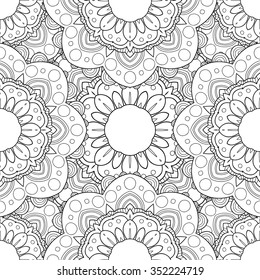 Abstract vector decorative ethnic mandala black and white seamless pattern.