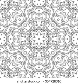 Abstract vector decorative ethnic mandala black and white seamless pattern.