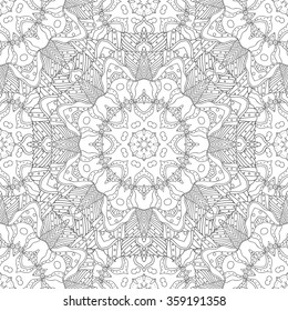 Abstract vector decorative ethnic mandala black and white seamless pattern.