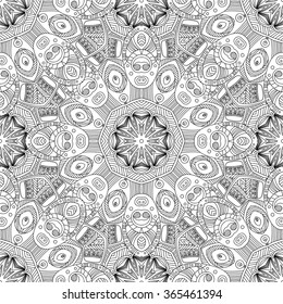 Abstract vector decorative ethnic mandala black and white seamless pattern.