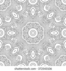 Abstract vector decorative ethnic mandala black and white seamless pattern.