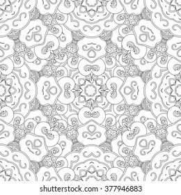 Abstract vector decorative ethnic mandala black and white seamless pattern.