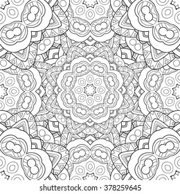 Abstract vector decorative ethnic mandala black and white seamless pattern.