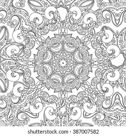 Abstract vector decorative ethnic mandala black and white seamless pattern. Adult coloring book page.