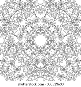 Abstract vector decorative ethnic mandala black and white seamless pattern. Adult coloring book page.