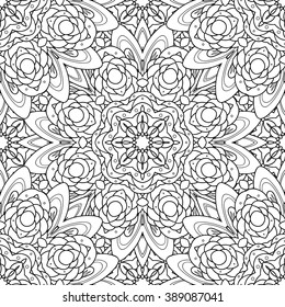Abstract vector decorative ethnic mandala black and white seamless pattern.