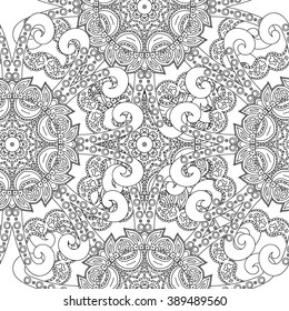 Abstract vector decorative ethnic mandala black and white seamless pattern. Adult coloring book page