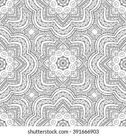Abstract vector decorative ethnic mandala black and white seamless pattern.