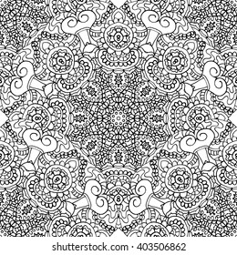 Abstract vector decorative ethnic mandala black and white seamless pattern. Adult coloring book page.