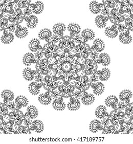 Abstract vector decorative ethnic mandala black and white seamless pattern. Adult coloring book page. Fabric print