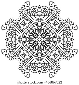 Abstract vector decorative ethnic mandala black and white pattern for coloring book.