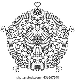 Abstract vector decorative ethnic mandala black and white pattern for coloring book.