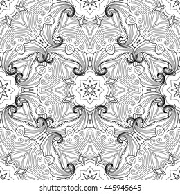 Abstract vector decorative ethnic mandala black and white seamless pattern.