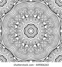 Abstract vector decorative ethnic mandala black and white seamless pattern. Adult coloring book page.
