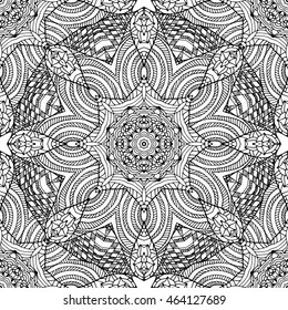 Abstract vector decorative ethnic mandala black and white seamless pattern. Adult coloring book page.